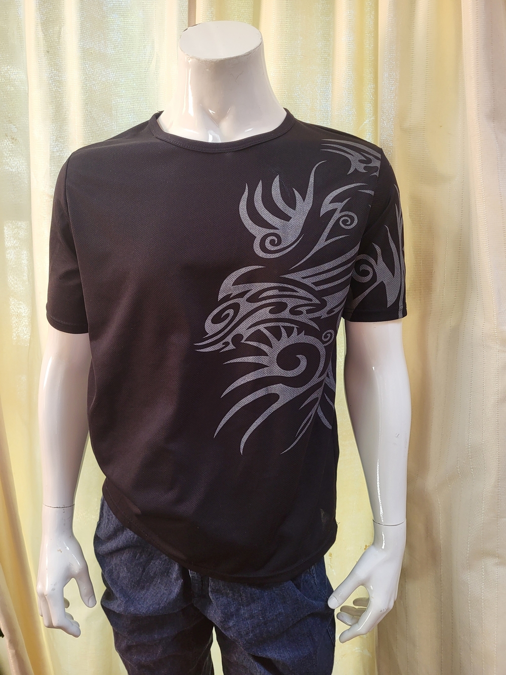 Men's Black Crewneck Tee with Tribal Print